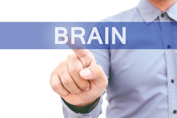 Businessman hand touching brain on virtual screen