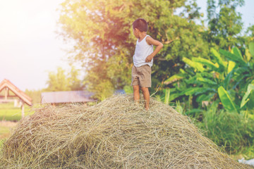 Happy Children wearing a white shirt is playing on straw.