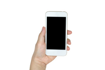 Hand holding mobile smart phone with blank screen isolated on wh