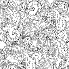 Fototapeta premium Paisley seamless pattern. Monochrome hand drawn floral motif for coloring page, wrapping, wallpaper