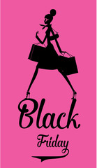 Silhouette of the shopping woman with the shopping bags on the pink background. vector illustration. Black Friday design. 