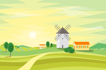 Landscape Rural with Traditional Old Windmill. Vector