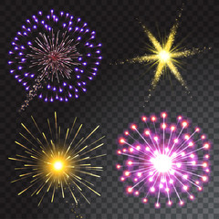 Set of coloured firework isolated on transparent background. Vector illustration