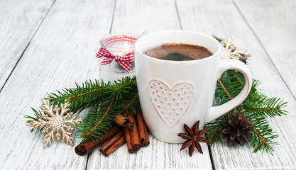 Cup of coffee and christmas decoration