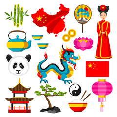 China icons set. Chinese symbols and objects