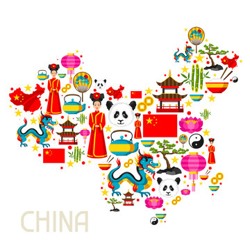 China map design. Chinese symbols and objects
