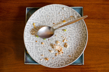 .Empty plates and spoons are placed on the Ta after the meal is
