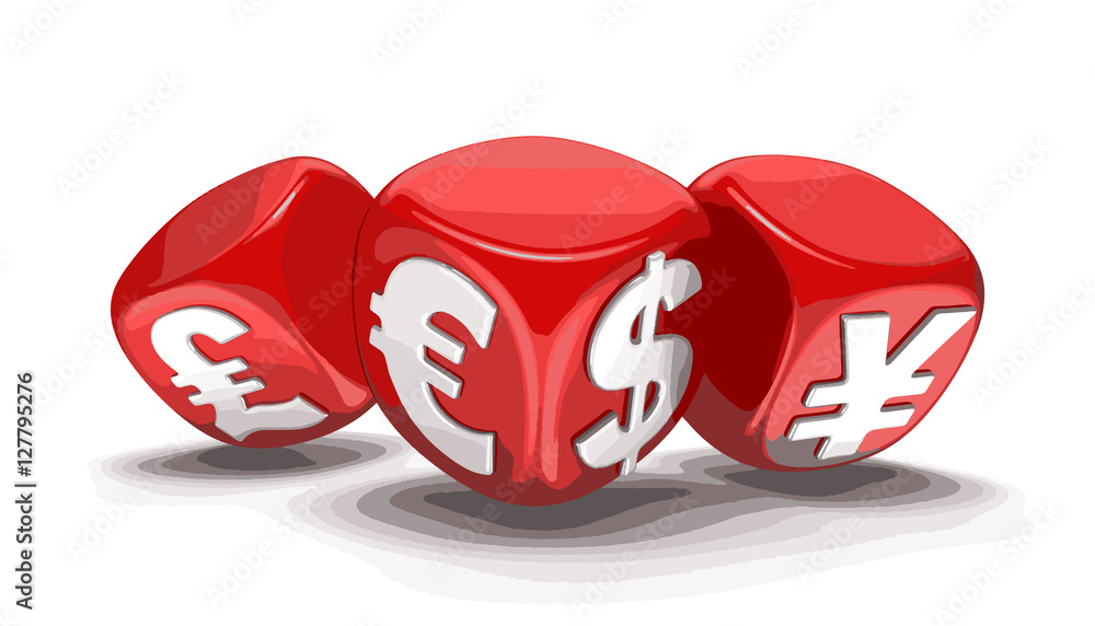 Poster dices with currencies. image with clipping path