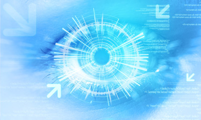 Futuristic technology user interface with an user eye on the bac