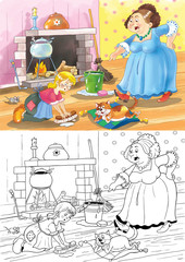 Cinderella. A fairy tale. A pretty kind girl and her angry stepmother. Illustration for children