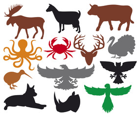 set of animals silhouettes (flying eagle, kiwi, cow, moose, goat, turkey, rhino, octopus ocean, deer, owl, crab, parrot, dog)