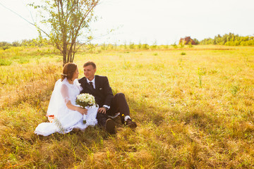 Fototapeta na wymiar couple bride and groom on field background