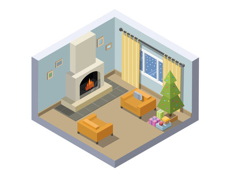 Vector isometric illustration of christmas eve room decoration.