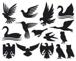 set of birds silhouettes (hummingbird, dove, sparrow, owl, swan, stork, eagle, falcon)