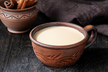 Masala tea chai latte traditional hot Indian sweet milk spiced drink, ginger, herbs, spices blend organic infusion healthy wellness beverage in rustic clay cup on dark table