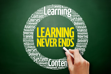 Learning Never Ends word cloud collage, business concept on blackboard