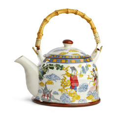 Porcelain teapot with a Chinese engraving in classic style isolated on white background. Clipping path.