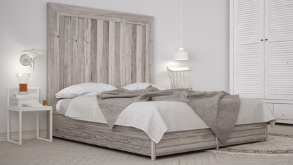 DIY bedroom, bed with wooden headboard, scandinavian white eco c