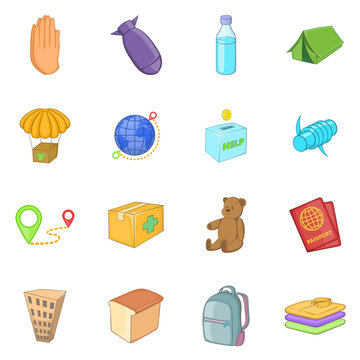 Refugees icons set. Cartoon illustration of 16 refugees vector icons for web