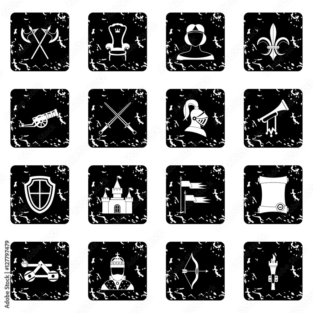 Poster medieval army icons set. grunge illustration of 16 medieval army vector icons for web