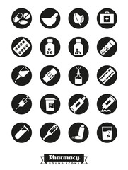 Pharmacy and medical products round glyph icons vector set.