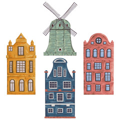 Naklejka premium Amsterdam. Old historic buildings and traditional architecture of Netherlands. Windmill and houses. Isolated elements. Vintage hand drawn vector illustration in watercolor style.