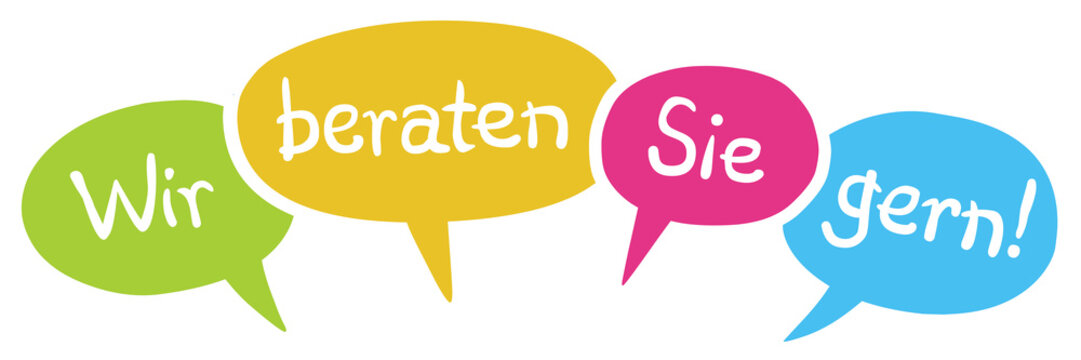 Bunte Comic-Sprechblasen &bdquo;Wir beraten Sie gern&ldquo; &ndash; Vektor/freigestellt