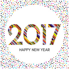 Happy New Year 2017 label with colorful confetti. New Year and Xmas Design Element Template. Vector Illustration.
