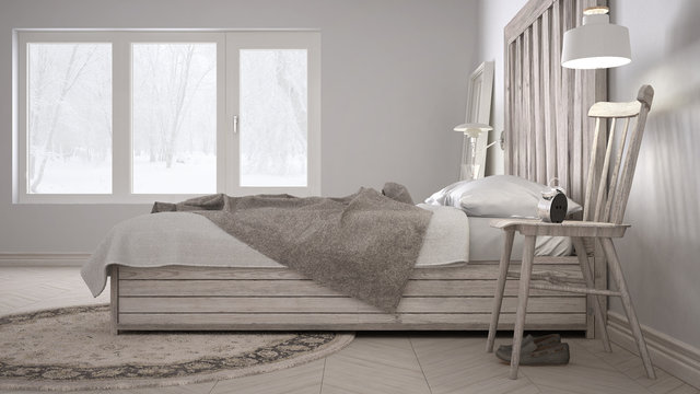 DIY bedroom, bed with wooden headboard, scandinavian white eco c