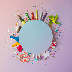 Colorful celebration background with various party confetti, bal