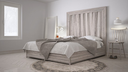 Fototapeta na wymiar DIY bedroom, bed with wooden headboard, scandinavian white eco c
