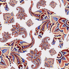 Watercolor ethnic elephant with paisley elements background.