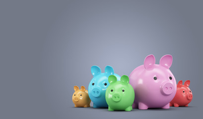 Many multicolored piggy banks on a blue background. 3d render il