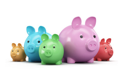 Many multicolored piggy banks isolated on white background. 3d r