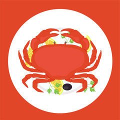 Vector illustration of a crab on plate with garnish