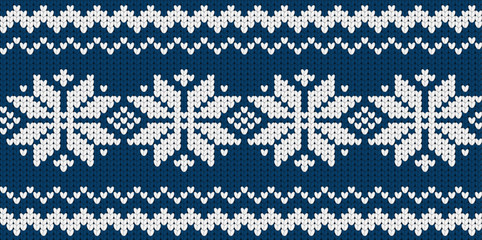 Knitted dark blue seamless scandinavian pattern with snowflakes