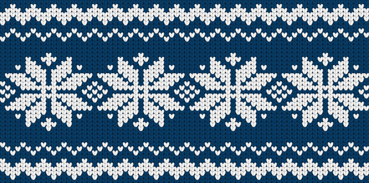 Knitted dark blue seamless scandinavian pattern with snowflakes