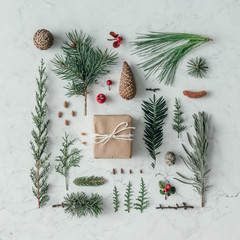 Creative natural layout made of winter things with christmas pre