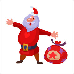 Happy colorful cartoon Santa Claus with a gift isolated on white background vector illustration. Merry Christmas and New Year vintage greeting card isolated on white background.