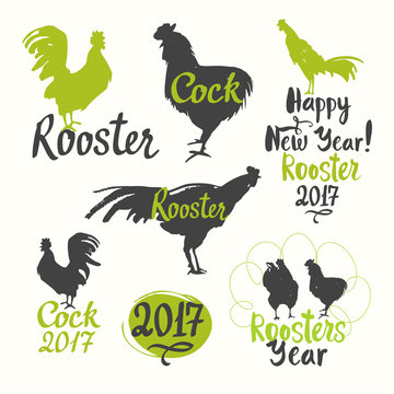 Set of funny labels with silhouette cock in different poses on a black background. Sketch style. Vector illustration roosters. Brush drawings.