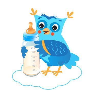 Cute Owlet With Milk Bottle. Welcome Baby Boy Vector Illustration. Cute Owlet Owl Sticker. Cute Owl Picture. Cute Owl Picture For Kids. Owl As Toy.