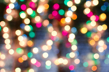 Christmas card. Bright blurred defocused Xmas lights background with copyspace, your text space.