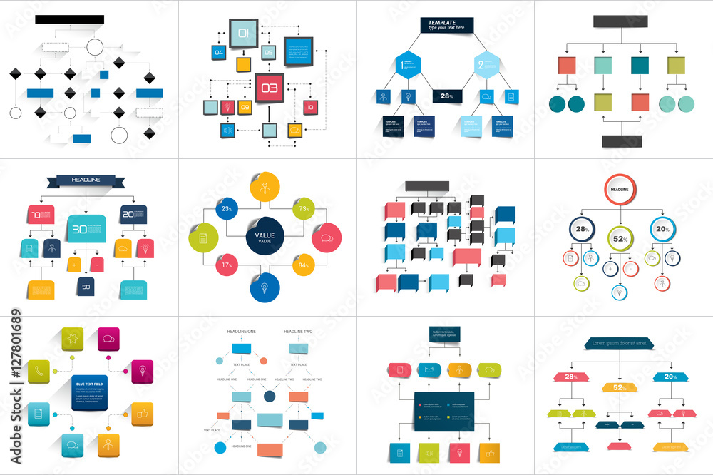 Poster mega set of various flowcharts schemes, diagrams. simply color editable. infographics elements.
