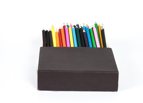 Open box and color pancil isolated on a white background