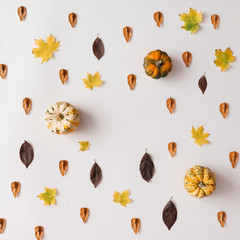 Autumn leaves pattern with pumpkins on white background.