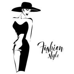 Black and white retro fashion model in sketch style. Hand drawn vector