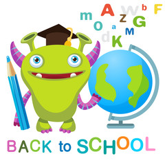 Funny Monster with Globe And Text Back to School On A White Background Vector Illustrations. Education Theme. Colored Letters Vector. Cartoon Monster Mascot.