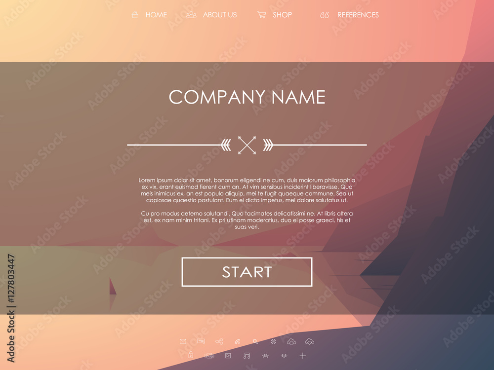 Poster modern website template with ghost buttons and line icons on nature ocean background.