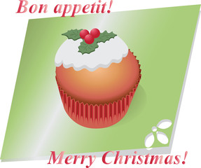 Christmas cupcake with berries. Vector image of dessert for leaflets, flyers.