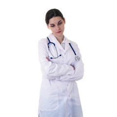 Female doctor assistant scientist in white coat over  isolated background